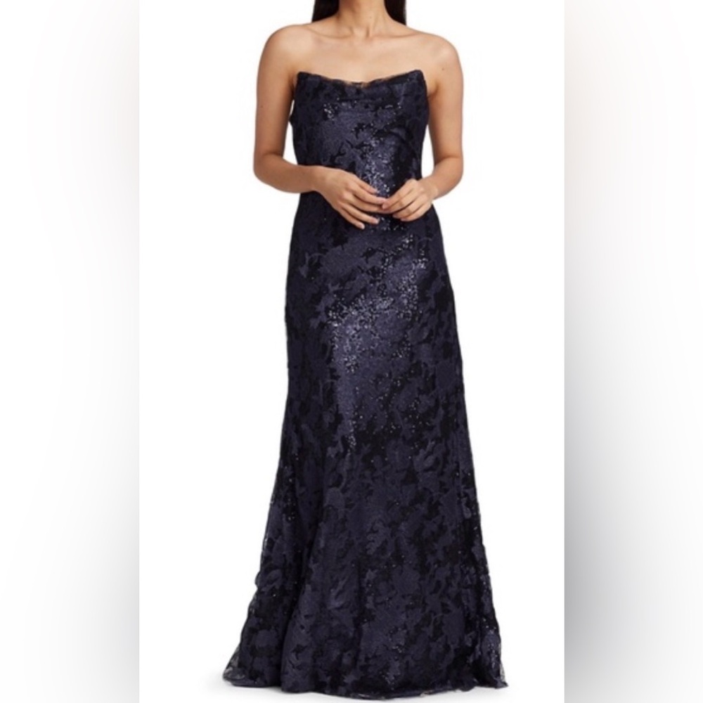 Rene Ruiz Collection Navy Strapless Sequin Floral Sz 8 NWT Gown